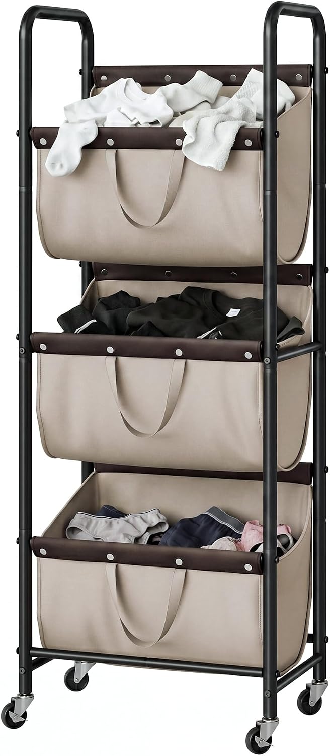 GRANNY SAYS 3 Tiered Laundry Sorter, Narrow Hamper Cart with Wheels | Sturdy 3 Section Laundry Basket with Wheels, Vertical Beige Hamper Cart for Bedroom, Bathroom, Apartment