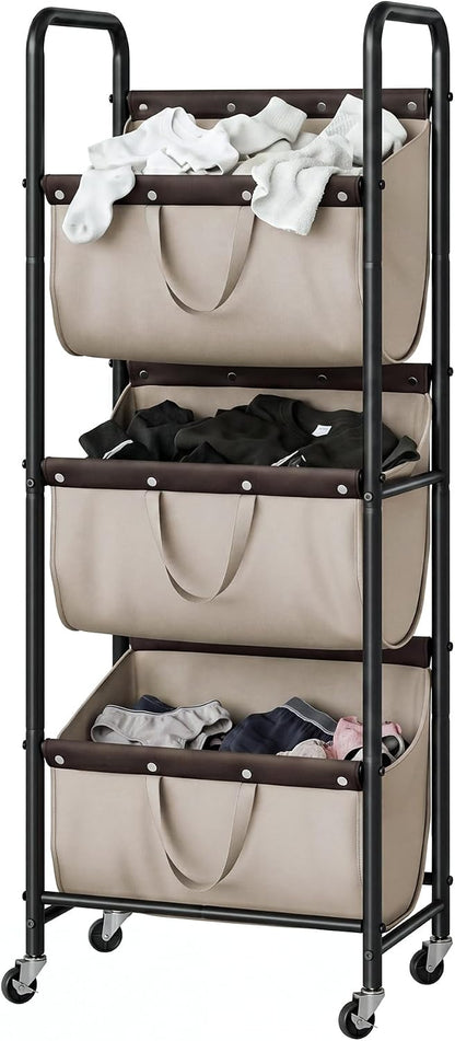 GRANNY SAYS 3 Tiered Laundry Sorter, Narrow Hamper Cart with Wheels | Sturdy 3 Section Laundry Basket with Wheels, Vertical Beige Hamper Cart for Bedroom, Bathroom, Apartment