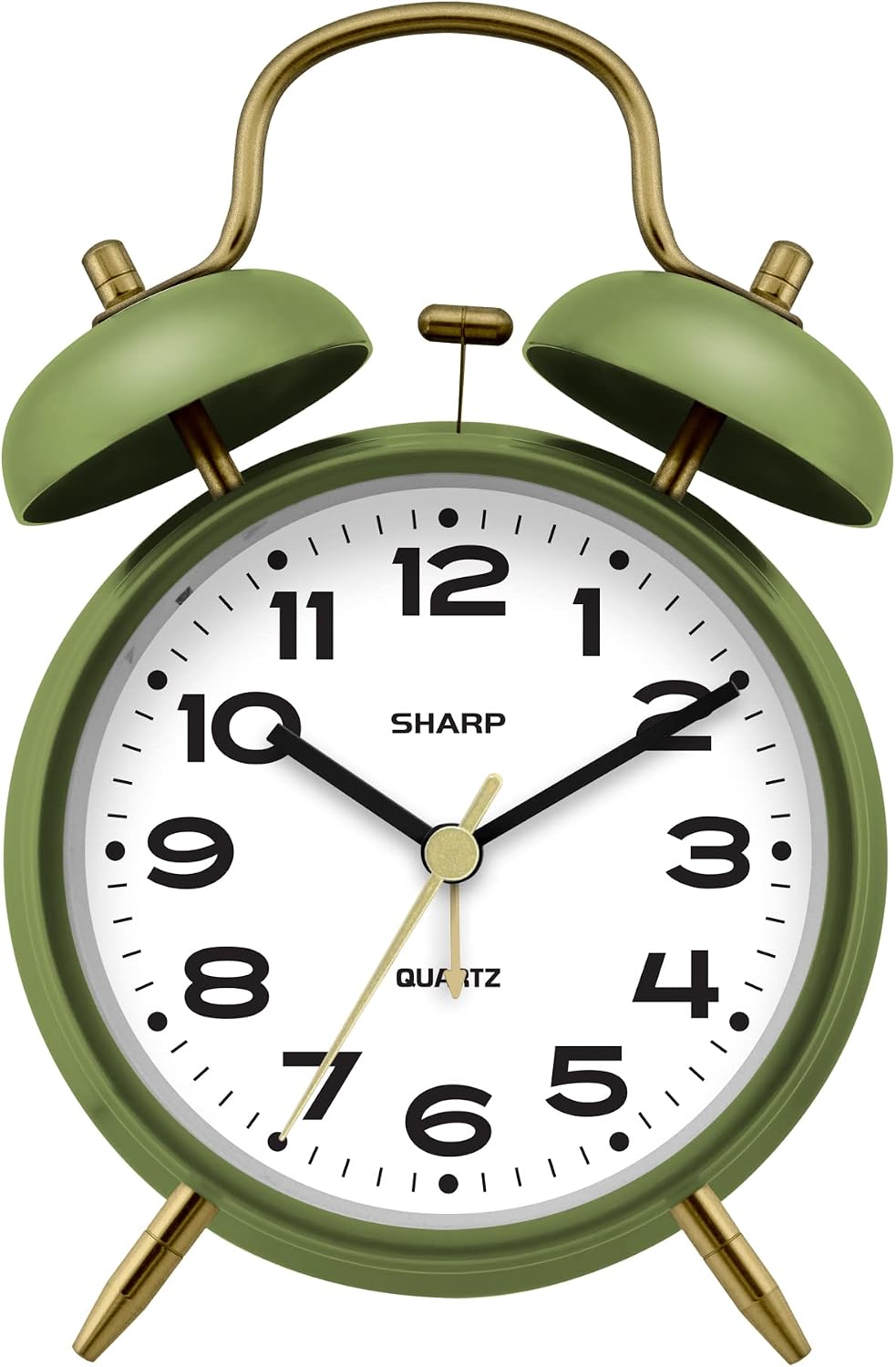 Sharp 4-Inch Twin Bell Alarm Clock for Heavy Sleepers (Matte Navy) | Extra-loud metal bell alarm, quiet quartz movement, press-button backlight, rustic bronze accents, battery operated