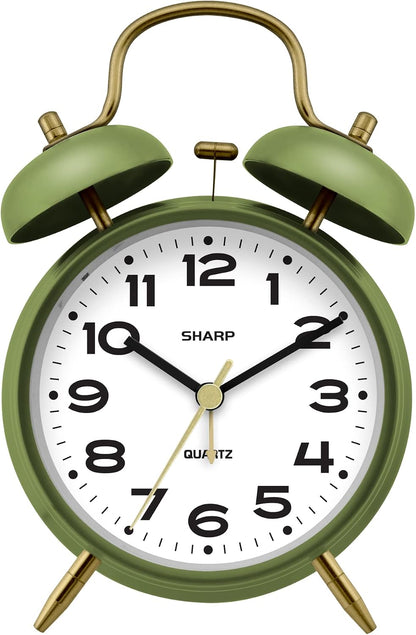 Sharp 4-Inch Twin Bell Alarm Clock for Heavy Sleepers (Matte Navy) | Extra-loud metal bell alarm, quiet quartz movement, press-button backlight, rustic bronze accents, battery operated