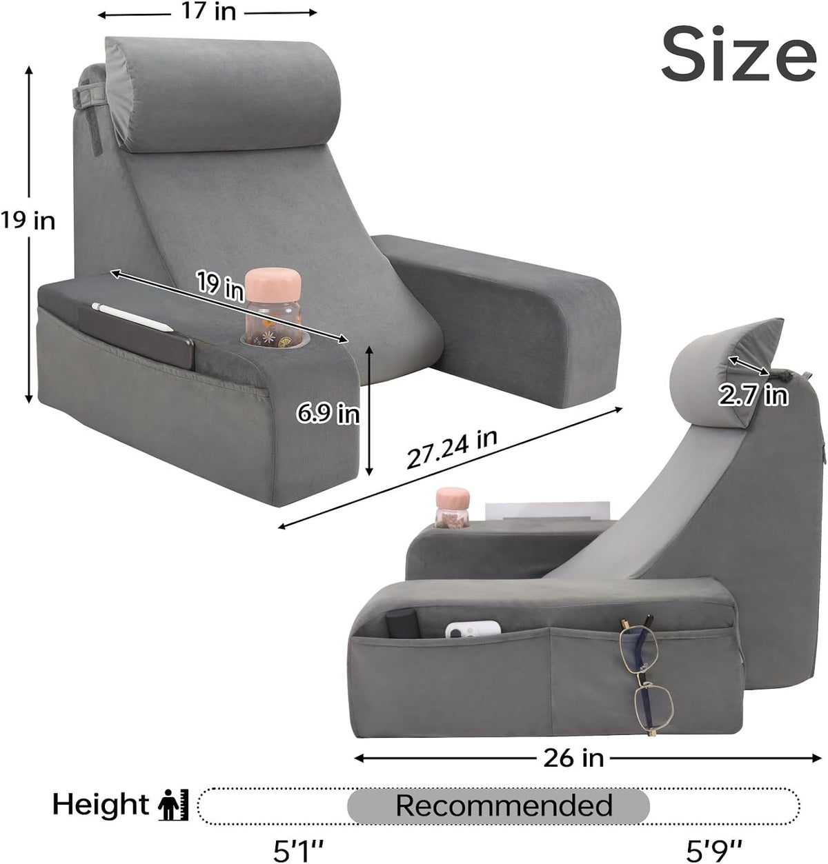 ENITYA 21" Reading Pillow for Bed with Firm Back Support & Big Pockets