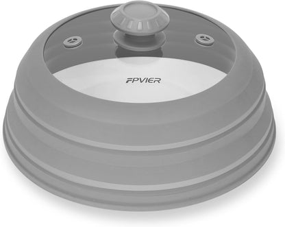 Microwave Splatter Cover, Vented Silicone & Glass Anti-Splatter Lid with Handle, Collapsible Food Plate Cover Fits 6–11 Inch Plates and Bowls (Black, 10.8inch)