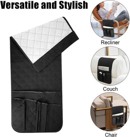 RETON Sofa Armrest Organizer with 5 Pockets, Non Slip Remote Control Caddy with 8 Pieces of Hook and Loop Fasteners, Armchair Caddy Holder Storage for Magazine Recliner Book TV Phone (Black)