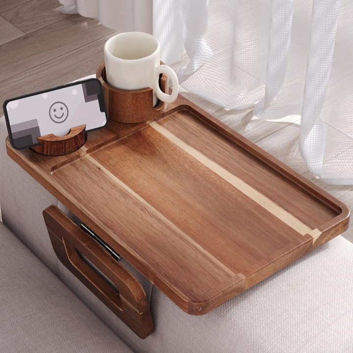 Acacia Wood 3 in 1 Couch Arm Tray with Cup and Phone Holder | Clip-On Couch Desk,Foldable, Non-slip,No Assembly，for Drinks Snacks Phone，Remote Control
