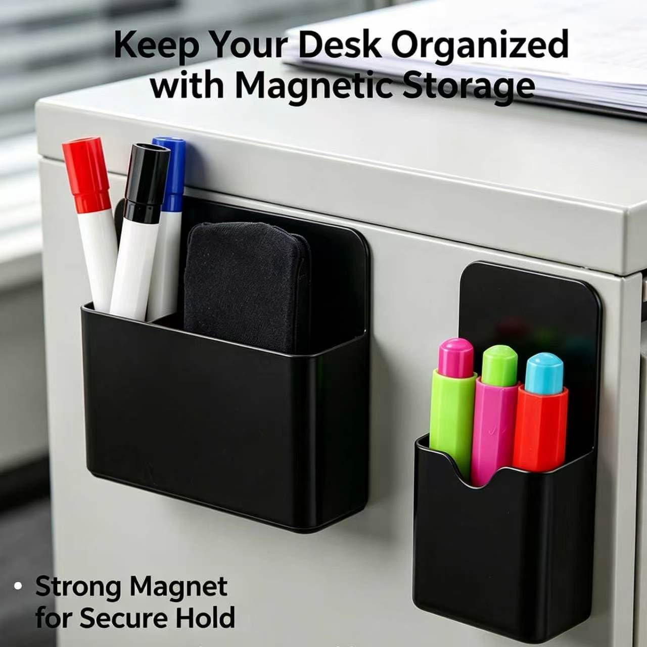 3 Pack Magnetic Pen Holder, Strong Magnetic Dry Erase Marker Organizer with Generous Compartments, Pen Pencil Organizer for Whiteboard, Fridge, Home Office School, Black