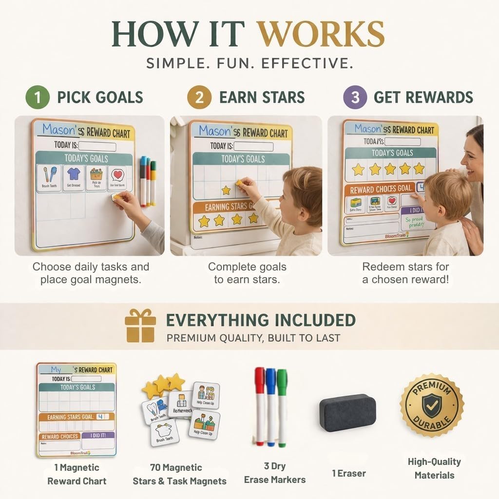 Reward Charts for Toddlers – Magnetic Daily Routine & Behavior Chart for Kids, Positive Reinforcement System for Home & Classroom, 70 Magnets, Dry Erase Board | reward chart toddlers magnetic daily routine behavior chart kids positive reinforcement