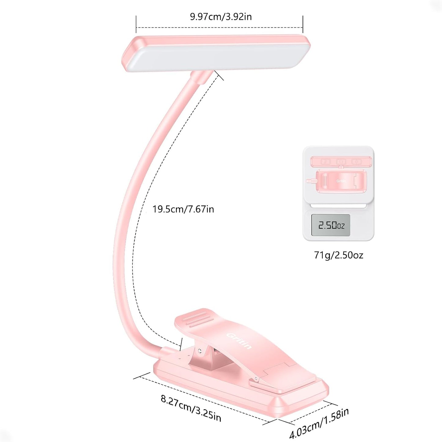 Gritin 19 LED Rechargeable Book Light for Reading in Bed | Eye Caring 3 Color Temps,Stepless Dimming Brightness,Memory Function,90 Hrs Runtime Lightweight Clip on Light for Book Lovers