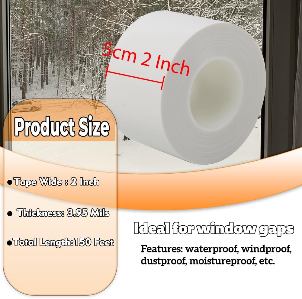 Qoqooice Transparent Window Weather Sealing Tape 2 Inch x 33 FT Weather Stripping Residue-Free Clear Window Insulation Tape for Doors Windows and Shower Glass Gaps