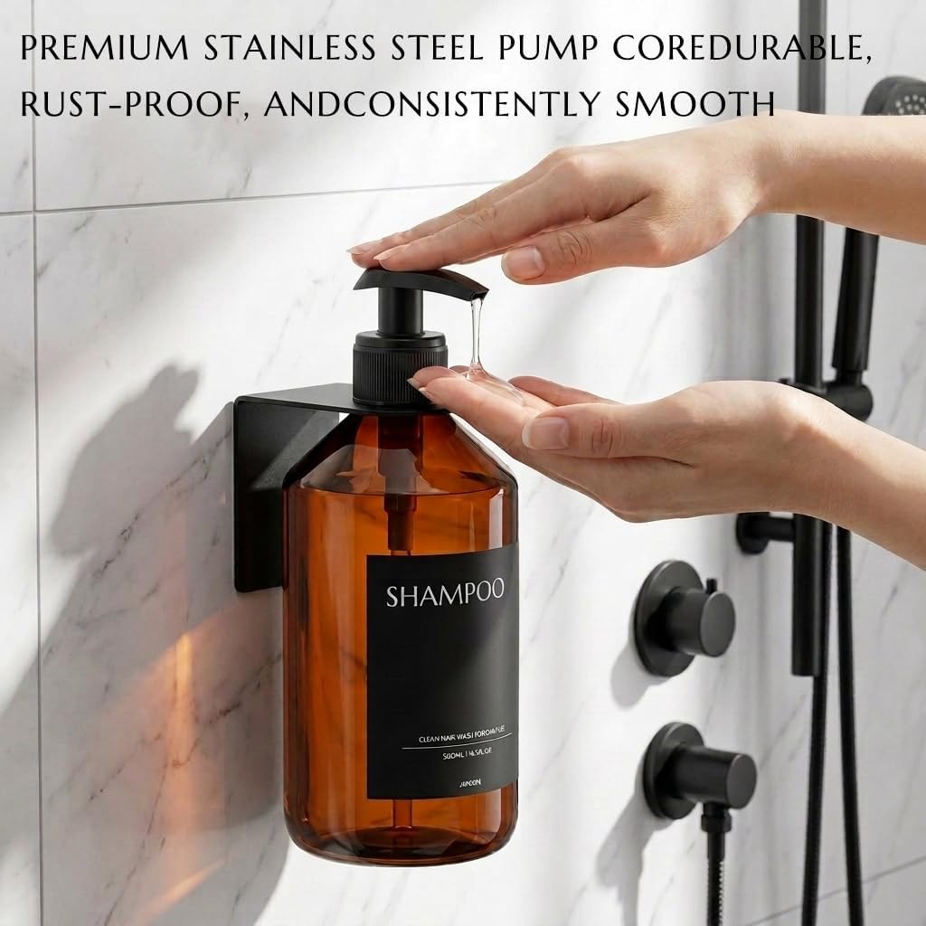 Shampoo and Conditioner Dispenser Set of 3 for Wall Mount | 16.9 fl oz Drill Free Shower Soap Bottles,Refillable Body Wash Dispensers for Bathroom Decor (Amber Bottles + Bamboo Pumps)