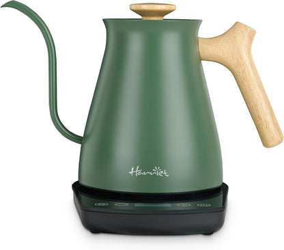 Harriet Gooseneck Electric Kettle for Pour Over Coffee, Variable Temperature, 1200W Fast Boil, Brew Timer, 2-Hour Keep Warm, Stainless Steel Interior, Wooden Handle