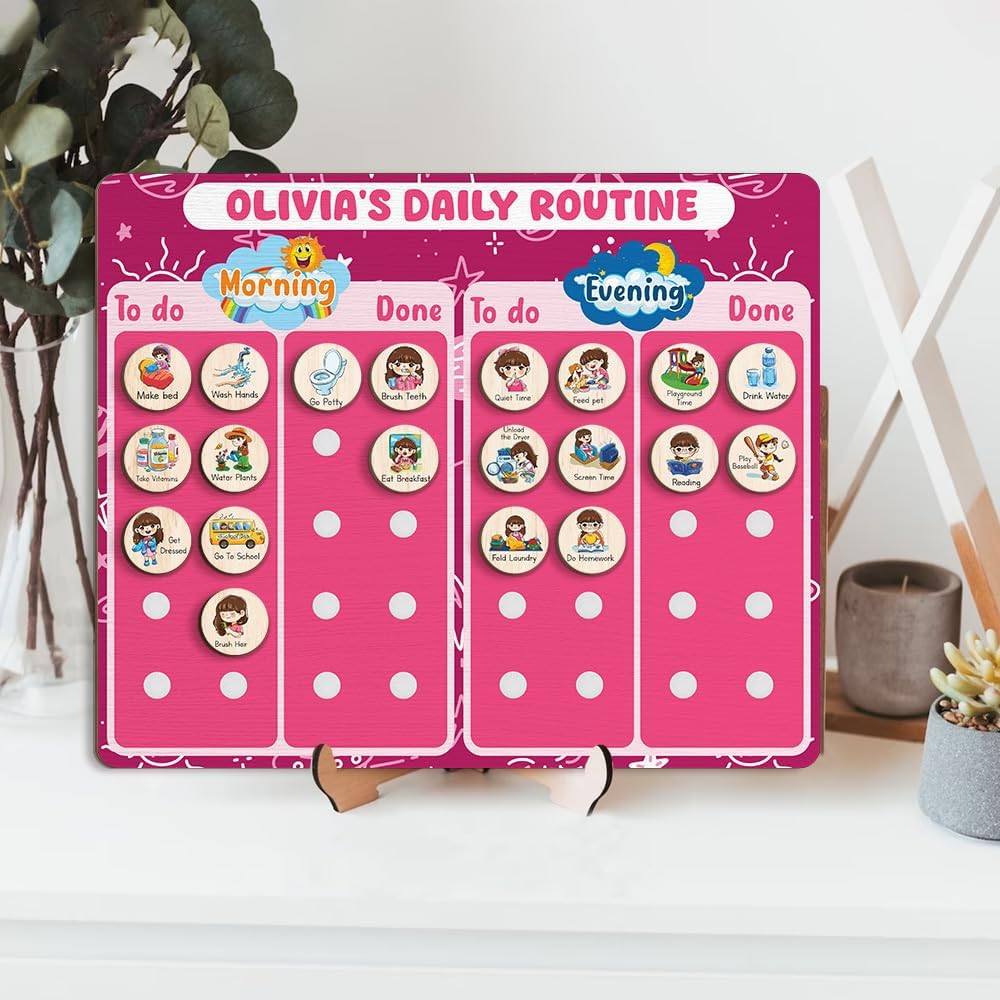 Daily Routine Chart for Kids, Visual Schedule, Routine Chart for Toddlers 3-5, Morning Bedtime Routine Chart for Toddlers, Wooden Chore Chart for Kids