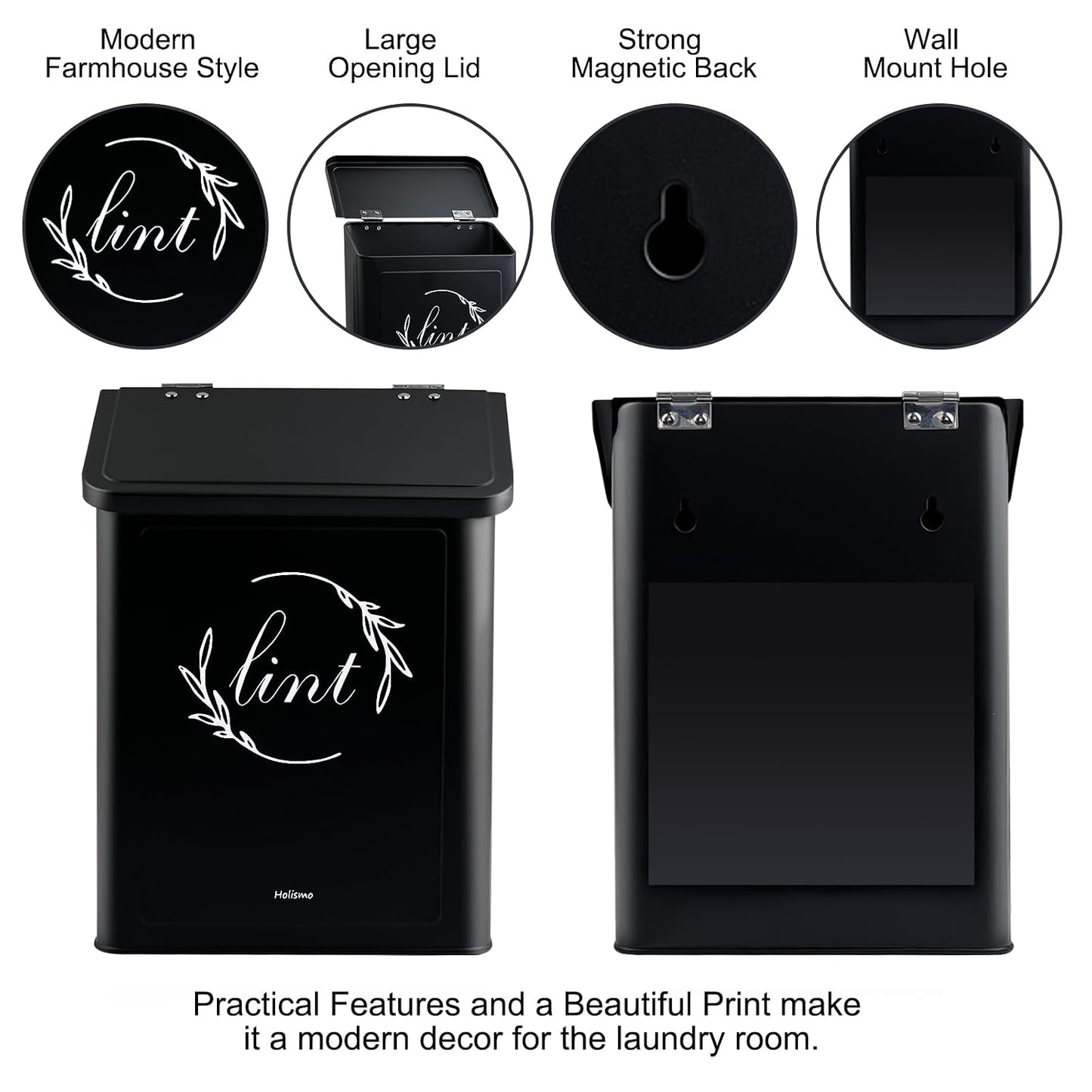 Magnetic Lint Bin for Laundry Room, Metal Lint Trash Can with Lid for Dryer, Wall Mounted Lint Holder Box with Lint Brush, Modern Farmhouse Laundry Room Decor, Cream