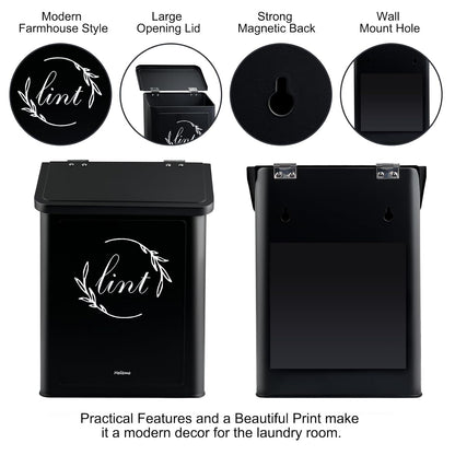 Magnetic Lint Bin for Laundry Room, Metal Lint Trash Can with Lid for Dryer, Wall Mounted Lint Holder Box with Lint Brush, Modern Farmhouse Laundry Room Decor, Cream