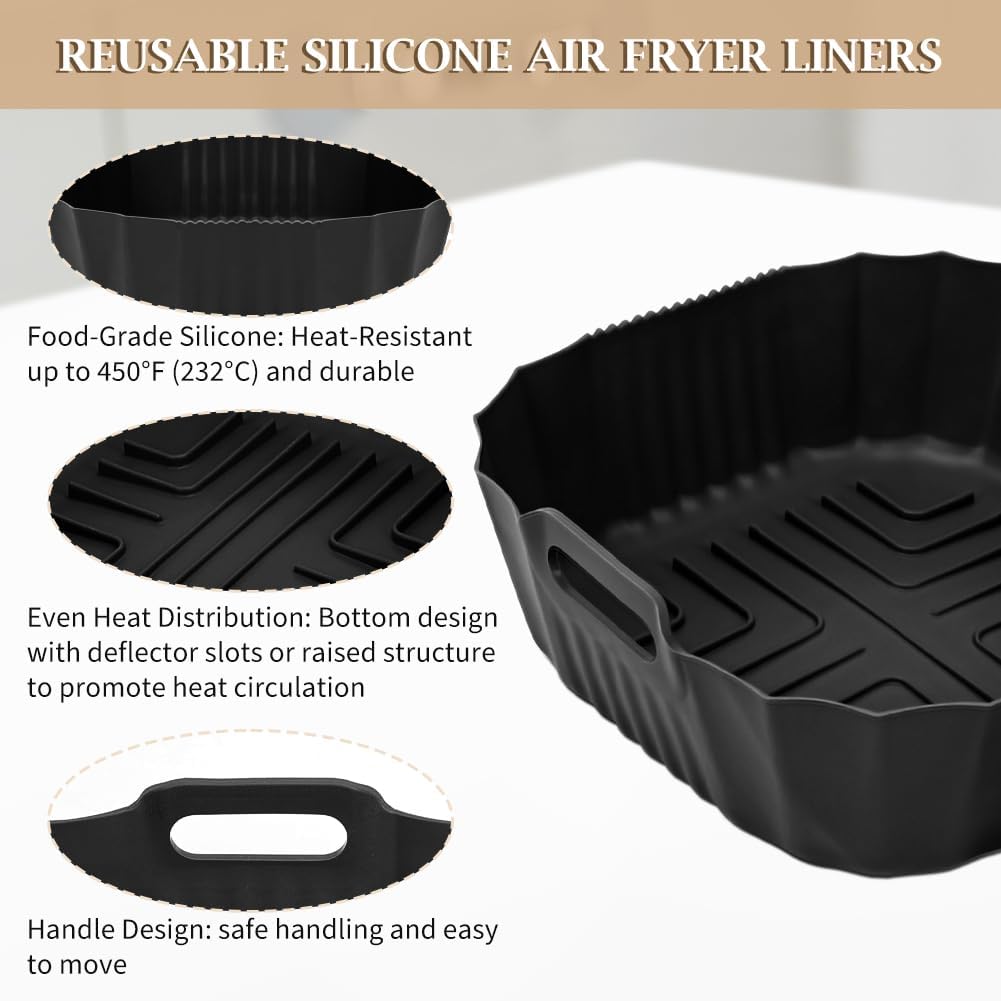 YQL 2PCS Silicone Air Fryer Liners for Ninja Crispi FN101 Air Fryer, Non-Stick Reusable Accessories Basket for Portable Glass Air Fryer, Big Liner for 4 QT Container & Small Liner for 6 Cups Container
