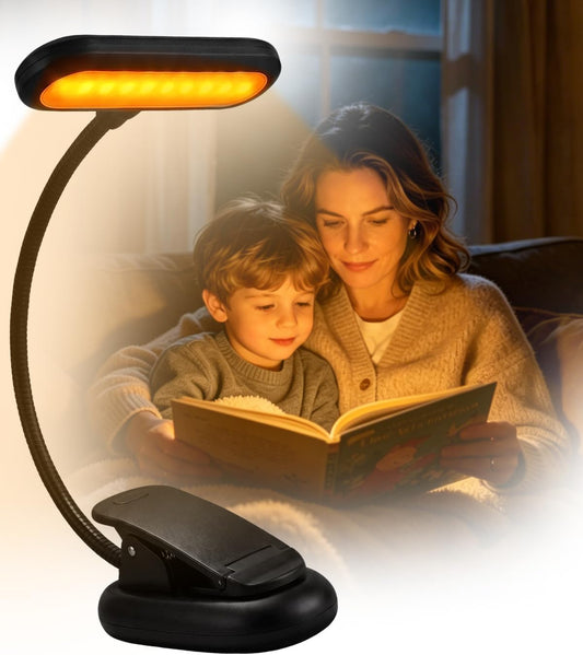 Klarlight 1800K Amber Rechargeable Book Light for Reading at Night, Eye-Caring with No Blue Light, Stepless Dimming & Memory Function, Lightweight Clip On Reading Lamp for Kids and Adults