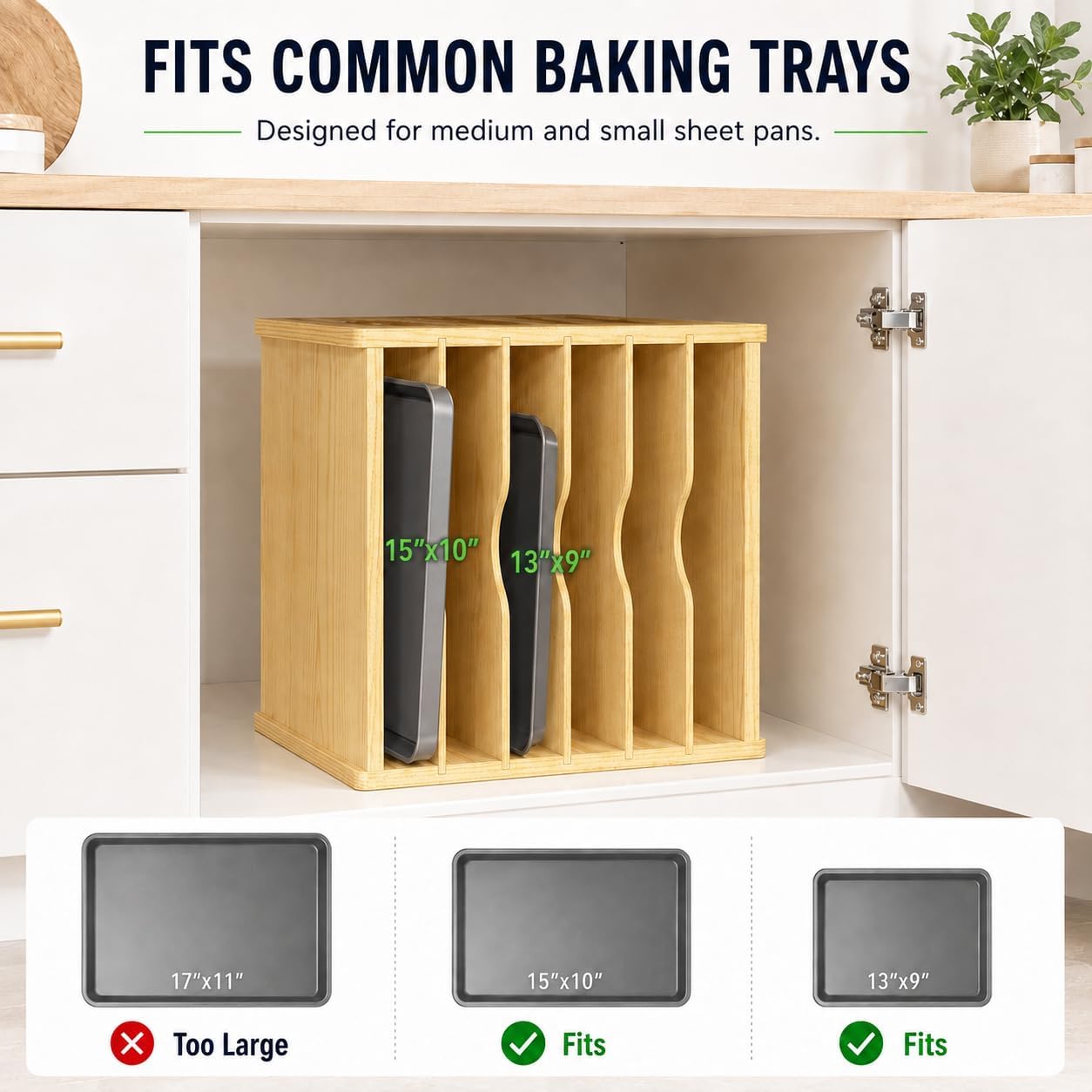 Cookie Sheet Organizer for Cabinet, 7 Tier Wooden Tray Divider | Vertical Cabinet Storage for Baking Sheets, Sheet Pans, Cutting Boards and Flat Pans, 15.35 in W x 11.81 in D x 16.54 in H