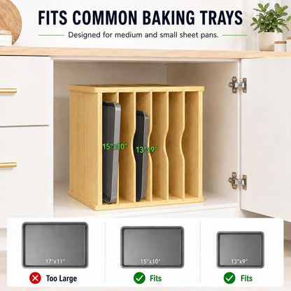 Cookie Sheet Organizer for Cabinet, 7 Tier Wooden Tray Divider | Vertical Cabinet Storage for Baking Sheets, Sheet Pans, Cutting Boards and Flat Pans, 15.35 in W x 11.81 in D x 16.54 in H