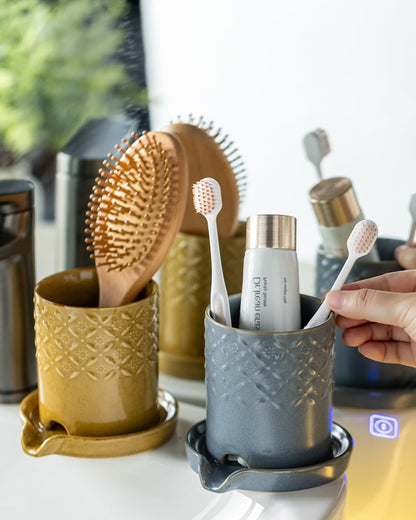 Zoeeker Toothbrush Holder with Drainage, Ceramic Toothbrush Holders Set | Electric Toothbrush & Toothpaste Holder for Bathrooms Self-draining Tooth Brush Cup Countertop Organizers for Family, Yellow