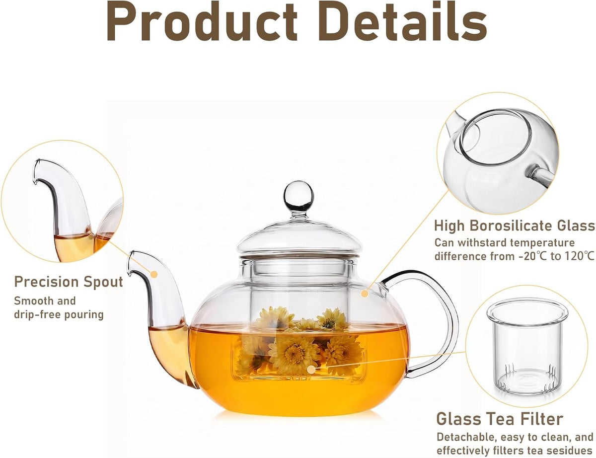 1000ml(33.8oz) Borosilicate Glass Teapot with Removable Glass Infuser, Stovetop Safe Large Tea Kettle for Blooming Tea & Loose Leaf Tea