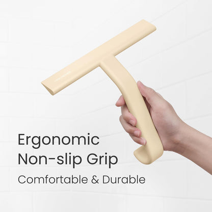 JustHang Shower Squeegee with Built-in Hook, 10-Inch Black | Award-Winning Design, All-One-Piece Soft-Touch Silicone, for Glass Door, Bathroom, Window, Mirror, Tile Wall, Car