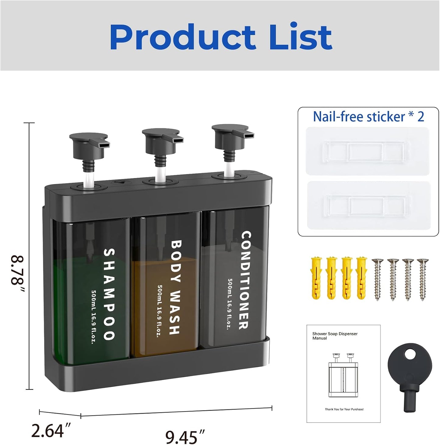 Shampoo and Conditioner Dispenser Shower Soap Dispenser 3 Chamber No Drill, 3 * 16.9 fl.oz Shampoo Dispenser for Shower Wall Mounted Shower Shampoo Dispenser 3 Chamber for Bathroom Hotel Black