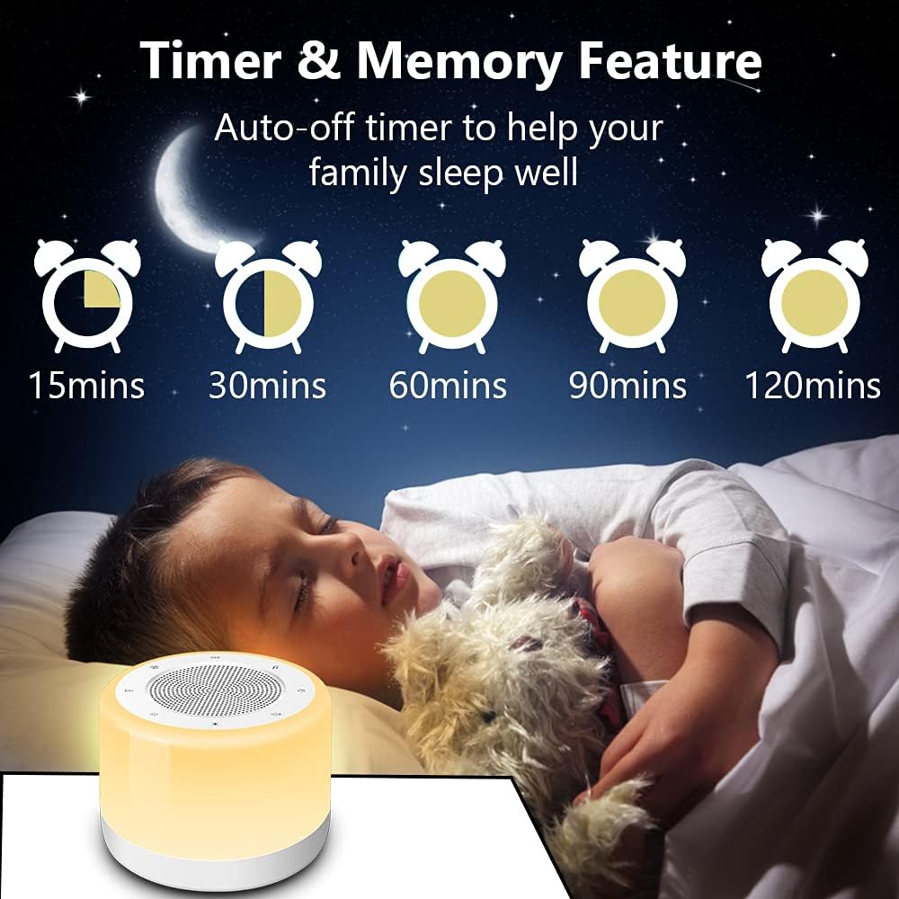 White Noise Machine with Night Lights, Sleep Sound Machine 32 Soothing Sounds for Baby Adults Kids Sleeping, Fan Wave Sound Lullaby, Timer and Memory Feature, RGB Color Touch Table Lamp