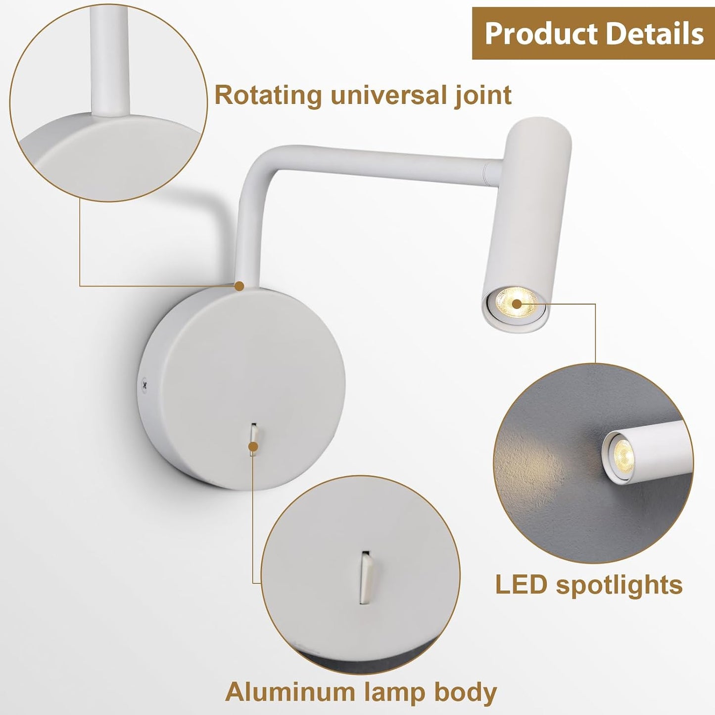 ZEROUNO Wall Mounted Reading Light for Bedroom LED Hardwired Sconce with Switch on/Off Modern 3000K Swing Arm Bedside Wall Mount Lamp (Black)