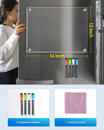 MaxGear Acrylic Magnetic Whiteboard for Fridge, 12 x 8 Inch Dry Erase Board | Durable Acrylic Material, Powerful Magnets, Smooth Writing and Easy Cleaning for Grocery Lists, Meal Plans, and Reminders