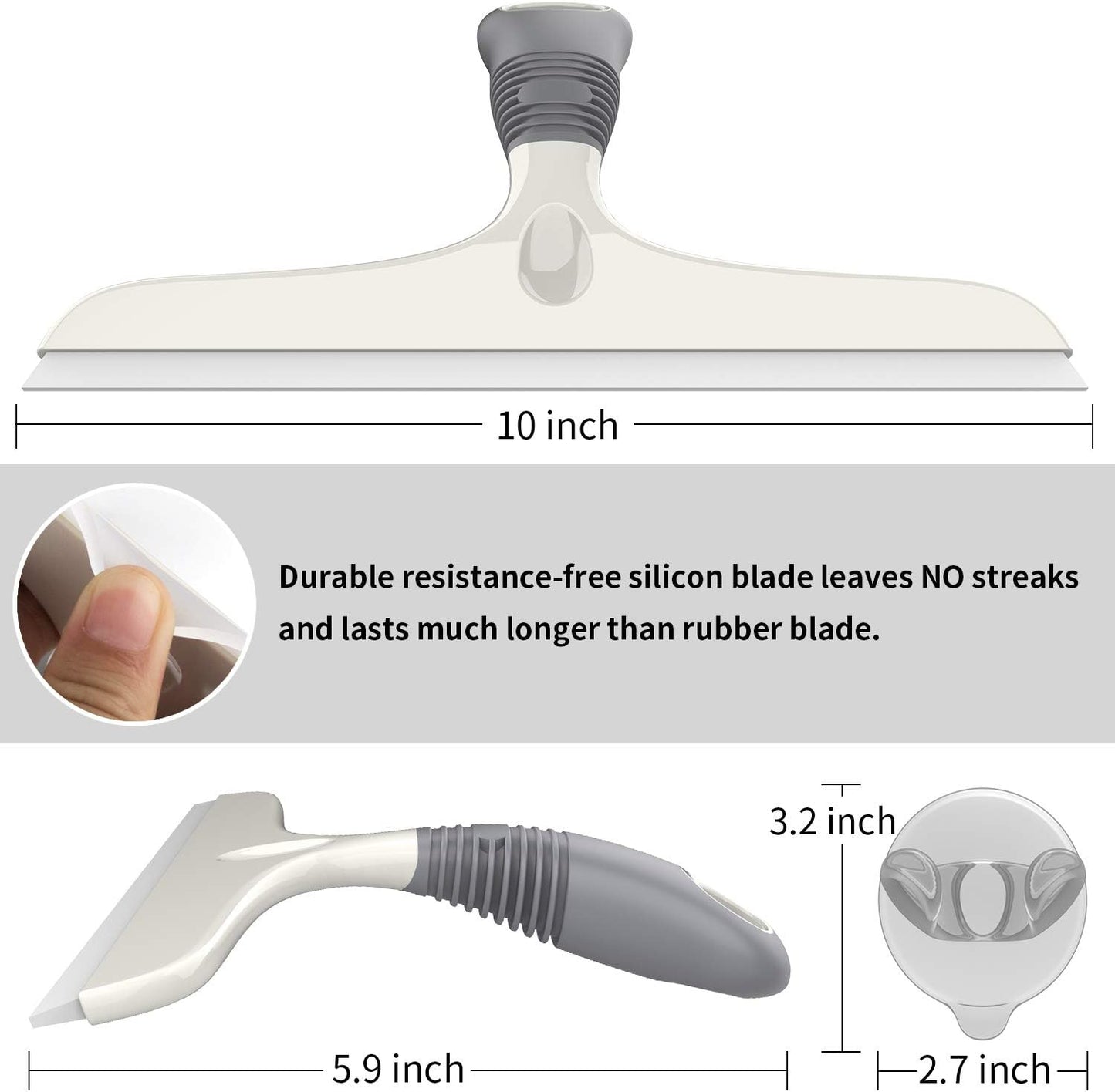 MR.SIGA Silicone Squeegee for Shower Doors, 25 cm/10 inch, White & Gray | Shower squeegee for glass doors, streak free squeegee for windows, showers and glass surfaces, includes suction hook