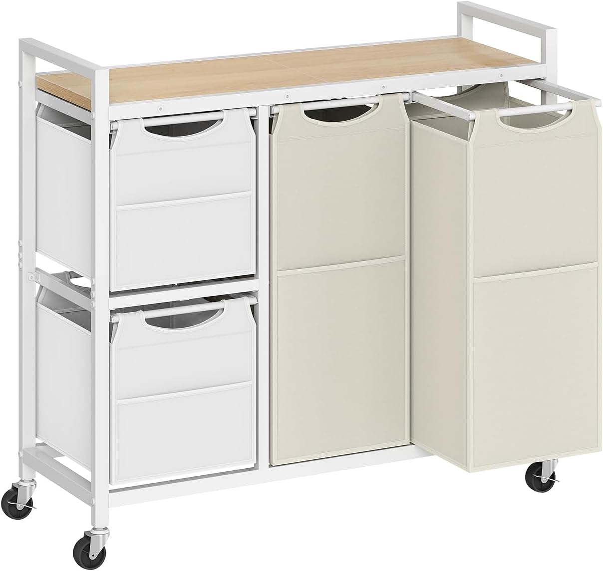 HOOBRO Laundry Sorter with 4 Section, 39 Gal. (147 L) Laundry Hamper with Wheels, Rolling Laundry Basket with Shelf, Pull-Out Detachable Bags, Side Pockets, Rustic Brown, Black and Beige BFE14XY01N1