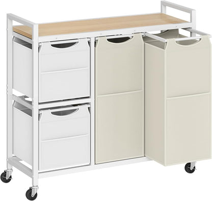 HOOBRO Laundry Sorter with 4 Section, 39 Gal. (147 L) Laundry Hamper with Wheels, Rolling Laundry Basket with Shelf, Pull-Out Detachable Bags, Side Pockets, Rustic Brown, Black and Beige BFE14XY01N1