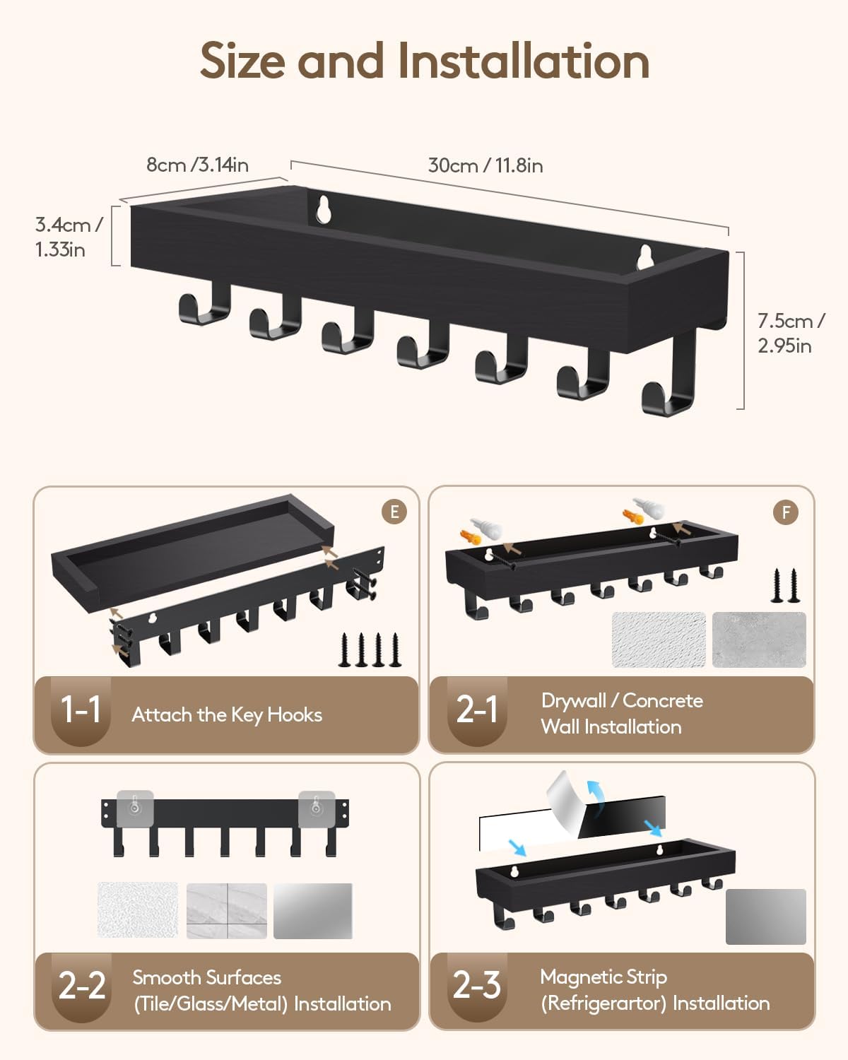 Key Holder Wall Mount Magnetic Adhesive, Key Hooks Rack with Shelf | Key Hanger with Mail Organizer for RV Camper Fridge Living Room Decor, Home Essentials, Black