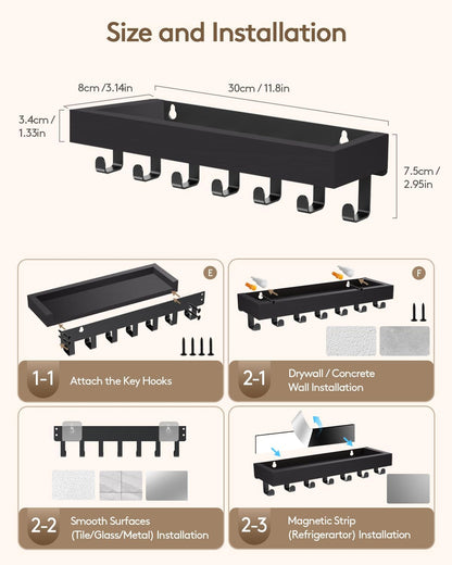 Key Holder Wall Mount Magnetic Adhesive, Key Hooks Rack with Shelf | Key Hanger with Mail Organizer for RV Camper Fridge Living Room Decor, Home Essentials, Black