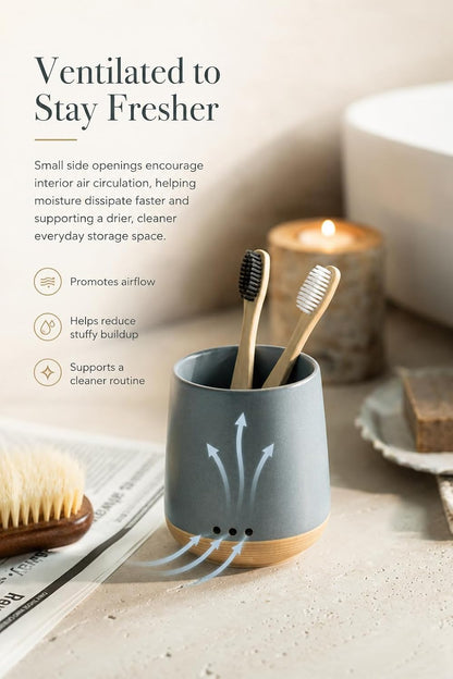 LYEOBOH Ceramic Toothbrush Cup, Cute Toothbrush Holder with Drainage White | Farmhouse Toothbrush Container, Countertop Toothbrush Organizer, Toothbrush Storage for Bathroom Vanity & Countertop