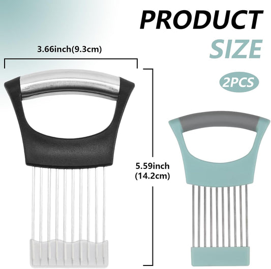 2 PCS Onion Holder for Slicing, Stainless Steel Vegetable Fruit Cutter Chopper, Multi-use Kitchen Slicer Assistant Tool for Onion Tomato Avocado Potato Egg Lemon Meat, Blue & Black
