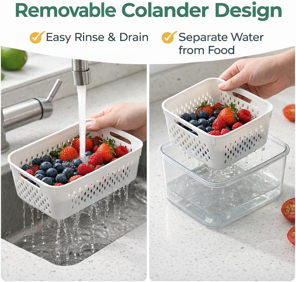 Fruit Storage Containers for Fridge, 4 in 1 Food Storage Container with Removable Colander, Airtight Produce Saver, Stackable Fridge Organizer for Wash, Drain & Store (Gray, S)