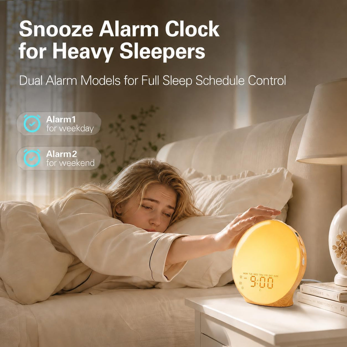 JALL Full Screen Dimmer Sunrise Alarm Clocks for Bedrooms, Wake Up Light with FM Radio, 25 White Noise Sleep Sounds, Bluetooth Speaker, Dual Alarms Bedside Clock for Heavy Sleepers