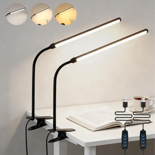 2 Pack LED Desk Lamp with Clamp,Eye-Friendly Clip on Lights for Home Office Study Reading,3 Modes 10 Brightness,Long Flexible Goose-Neck,Swing Arm Architect Task Table Lamps USB Usage