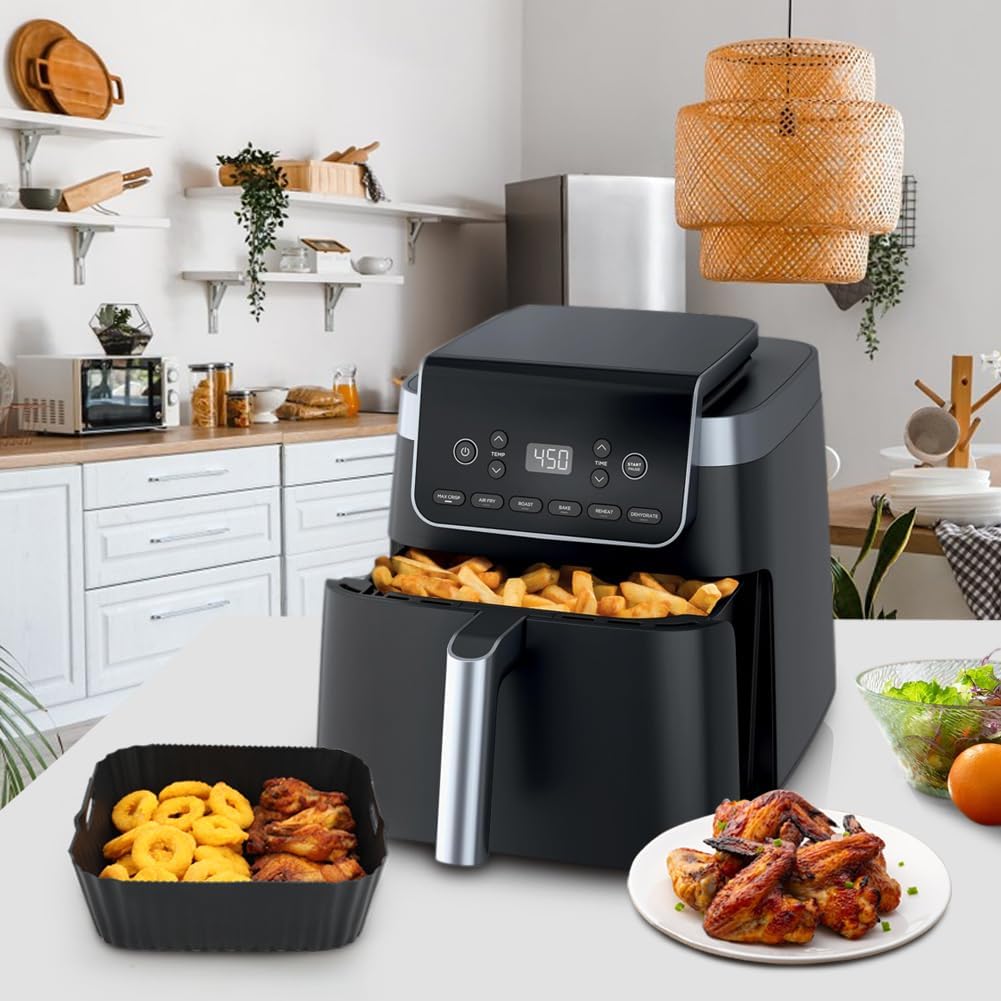BYKITCHEN 9 Inch Square Silicone Air Fryer Liners for 6 to 8QT, Set of 2, Reusable Silicone Airfryer Tray Insert, Air Fryer Accessories for Corsori 6QT, Ninja Airfryer Pro XL 6.5QT, Gourmia & More