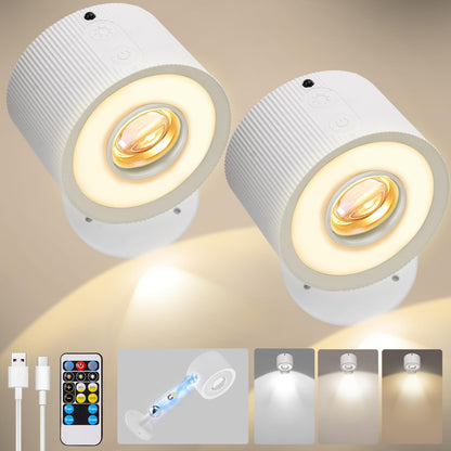 LED Wall Mounted Lights 4 Psc with Remote, 3000mAh Rechargeable Battery Operated Wall Sconces, 3 Lighting Modes & Dimmable, 360°Rotate Cordless Wall Light for Bedroom Bedside Reading Study (White)