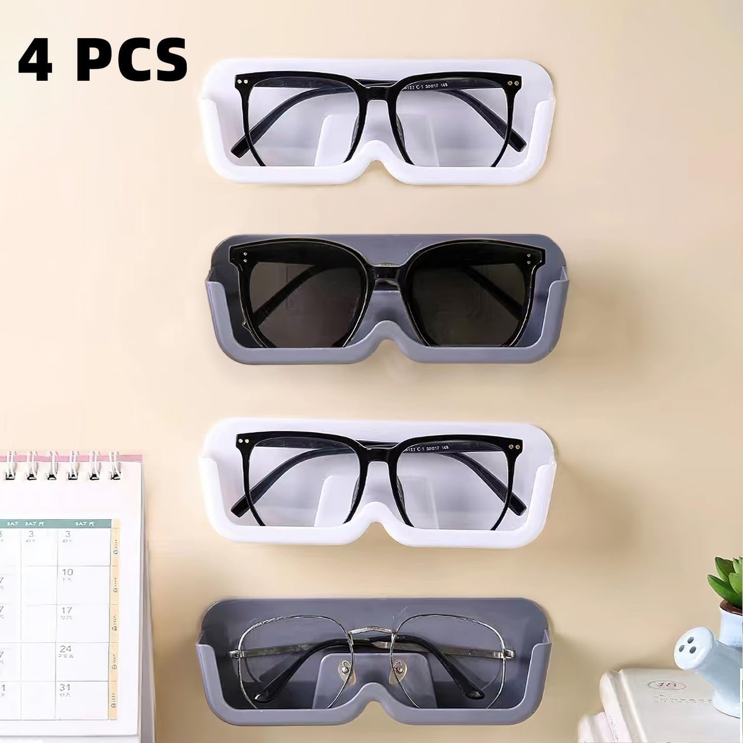 CHANGAR 4pcs Eyeglasses Holder Stand Wall Mounted Glasses Storage Stand Sunglasses Organizer Glasses Display Case Easy Wall Mounted with Adhesive Sticker, Small, White