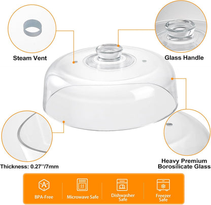 Heavy 12 Inch Borosilicate Glass Microwave Splatter Cover for Food | All Glass Tall Splatter Guard Microwave Plate Serving Dish Covers Lid with Handle for Heating Food