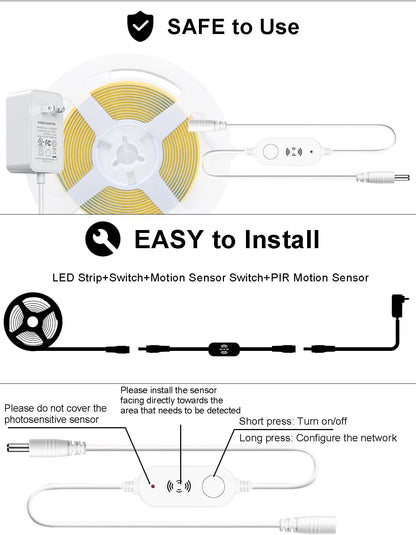 Warm White 2700K Smart COB LED Strip Light 9.85ft with Radar Motion Sensor, WiFi APP Control Dimmable Flexible LED Tape Light Timed for Google Home Alexa for Cabinets,Home&Office DIY Lighting