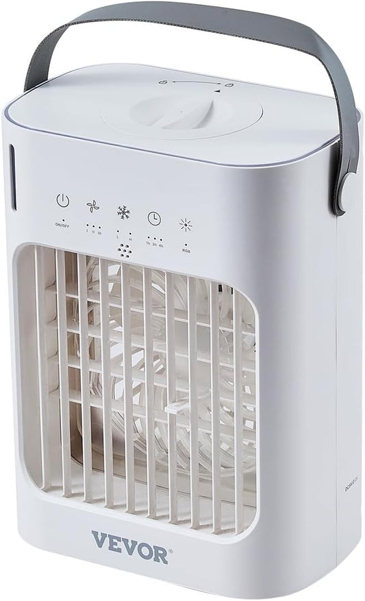 VEVOR Portable Air Conditioner, 4-in-1 Evaporative Air Cooler, 3-Speed Mini Air Conditioner with 0-7H Smart Timer, 700ml Water Tank, 7-Color Light, Personal Mini Desk AC Fan for Bedroom Office Room