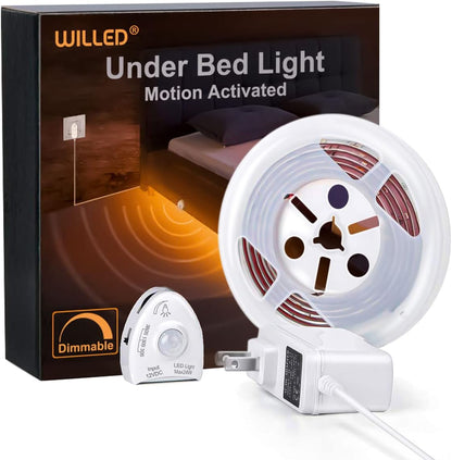 WILLED Under Bed Lights, Dimmable Motion Activated Led Light Strip, Under Bed Lighting with Motion Sensor and Power Adapter, Soft Warm Glow LED Lights for Bedroom, Crib, Cabinet and Bathroom