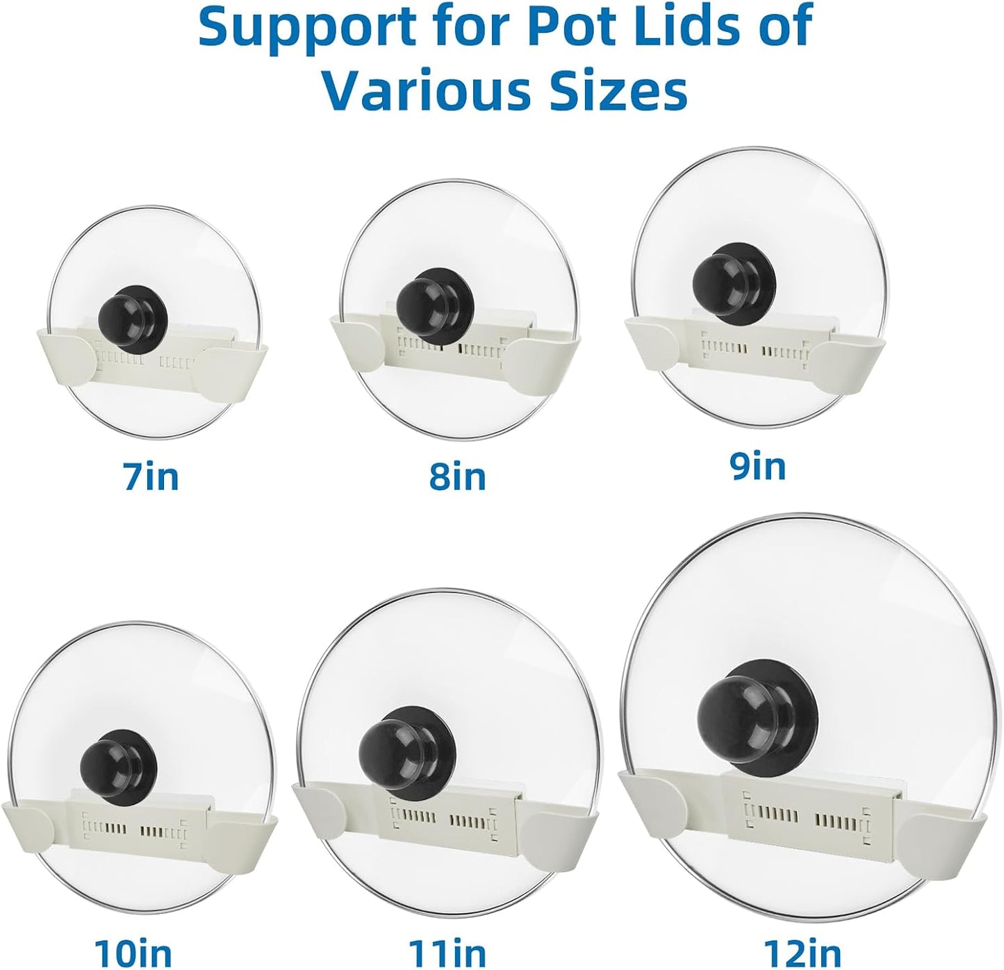 Adjustable Pot Lid Holder for 6" to 14" Lids, White 4 Pack | Pan Lids Organizers, No Drilling Required & Detachable, Sticky Wall Mounted Lid Storage for Kitchen Wall, Cabinets & Door