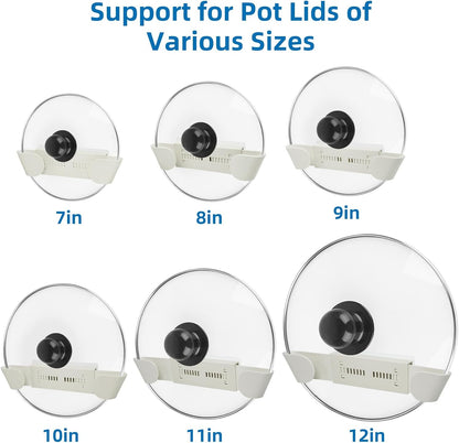 Adjustable Pot Lid Holder for 6" to 14" Lids, White 4 Pack | Pan Lids Organizers, No Drilling Required & Detachable, Sticky Wall Mounted Lid Storage for Kitchen Wall, Cabinets & Door