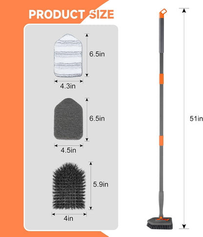 nacena Shower Scrubber with Long Handle, 4 in 1 Tile Tub Scrubber Brush with 3 Detachable Cleaning Heads and V-Shaped Grout Brush Shower Cleaner Brush for Bathroom Kitchen Toilet Tub Sink Wall, Black