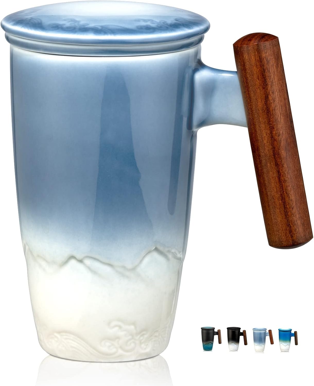suyika Ceramic Tea Cup with Infuser and Lid Tea Mugs Wooden Handle 400ml/13.5oz Dark Green