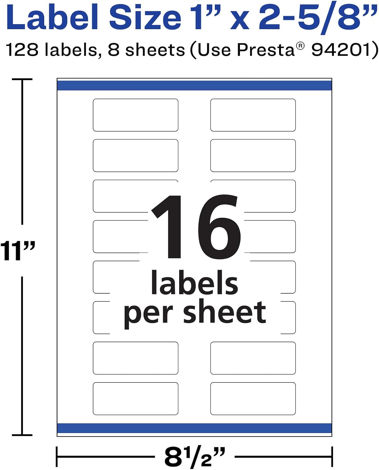 Avery® Durable Removable Rectangle Labels, Sure Feed® Technology, 1" x 2-5/8", Matte White Film, Water-Resistant, Print-to-The-Edge, Laser/Pigment-Based Inkjet Printable, 128 Total